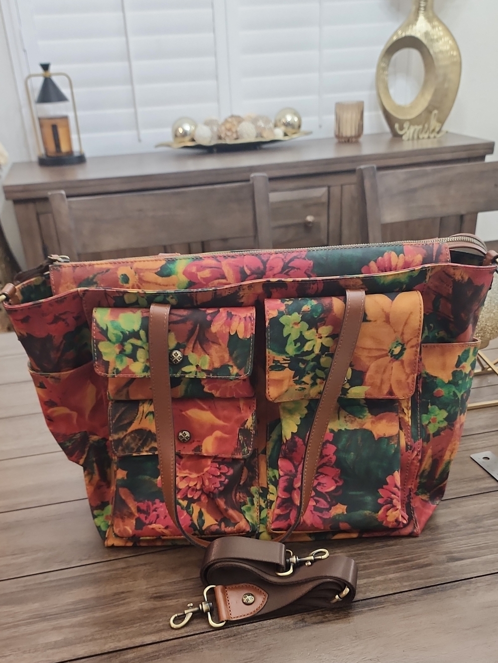 Patricia Nash Floral Tote Bag with Brown Trim Multicolor Crossbody Strap Travel